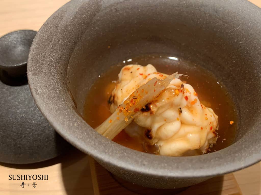 Sushiyoshi Hairy Crab Banquet Highlight - Grilled Shirako in Dashi Sauce