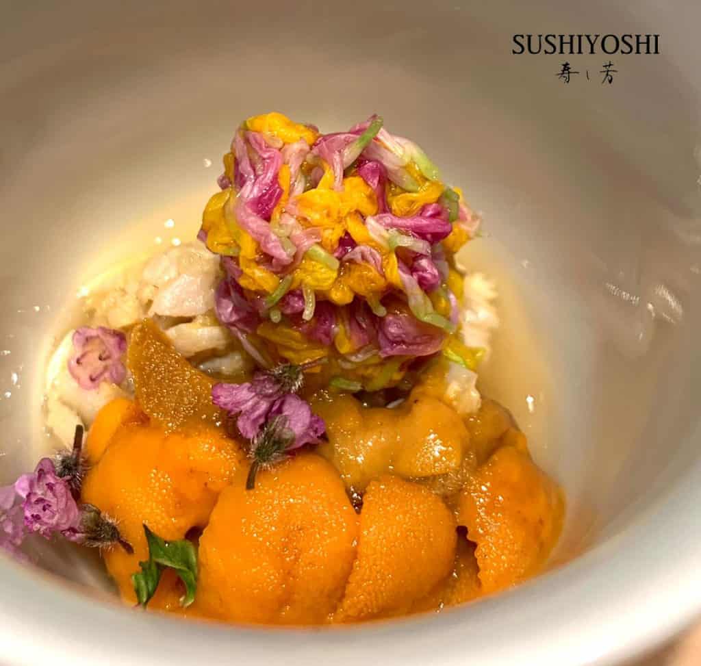 Sushiyoshi Hairy Crab Banquet Highlight - Ginger sauced Hairy Crab and Uni with Japan Black Abalone and Caviar